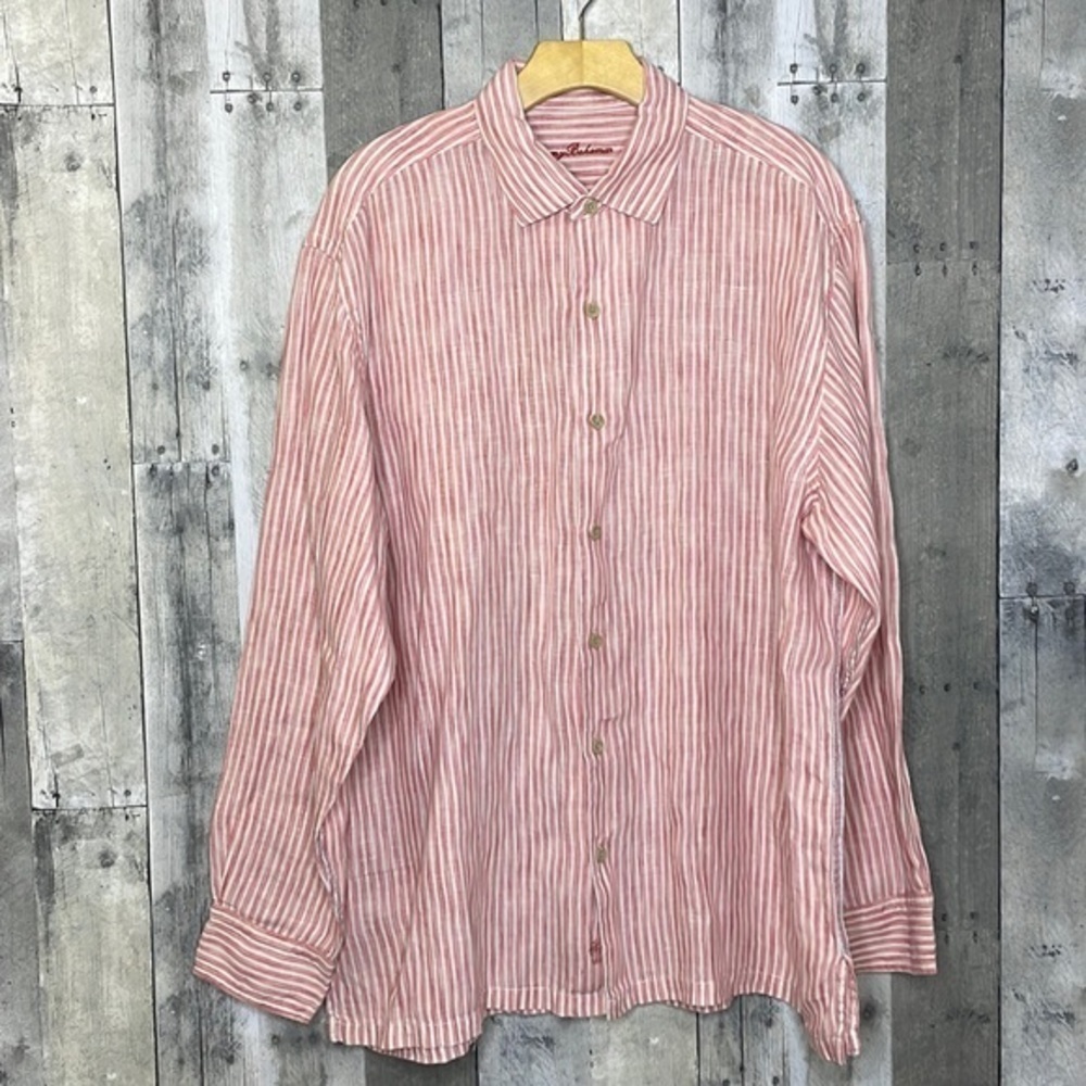 TOMMY Bahama 100% linen red/pink and white‎ striped long sleeve button down.  XL
